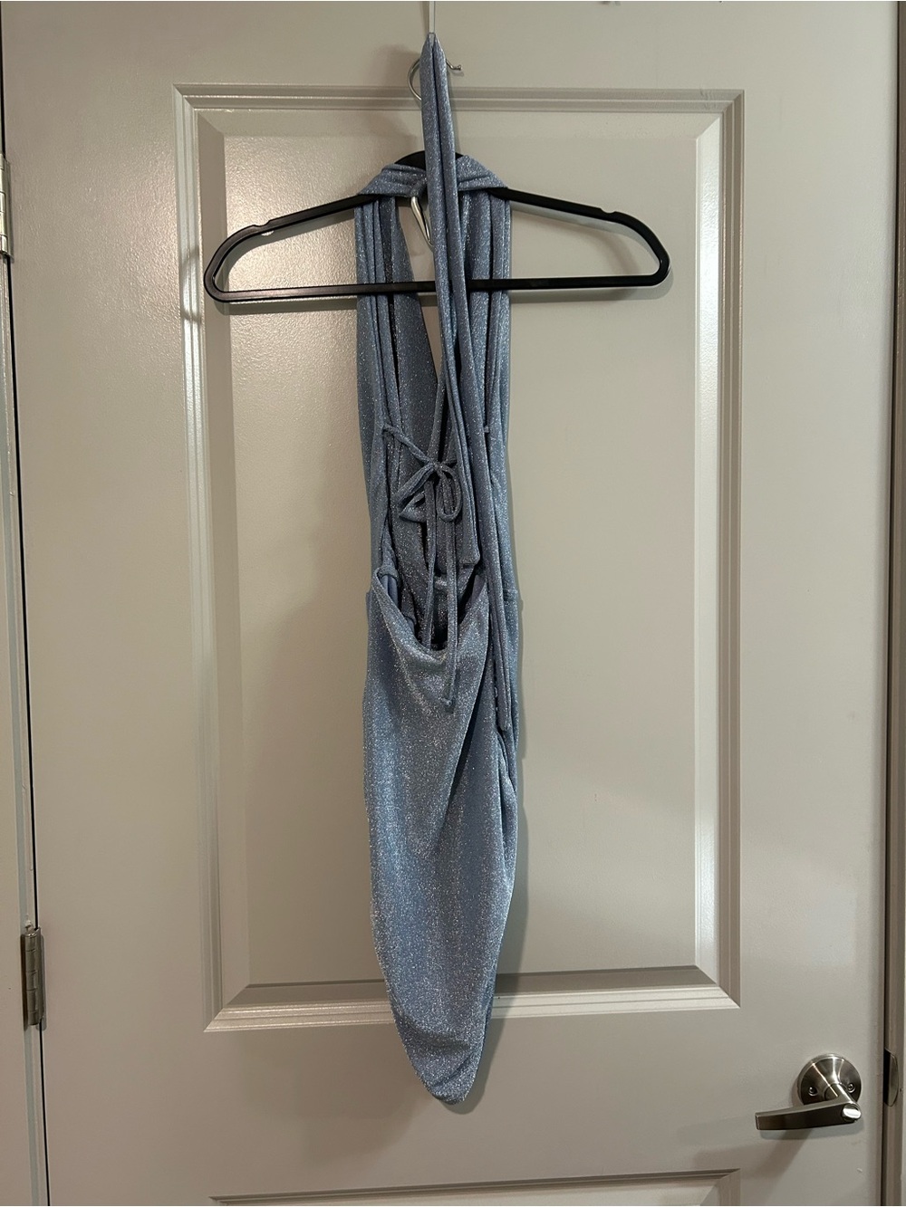Edikted Shimmery Sky Blue Halter Mini Dress - Picture 5 of 7